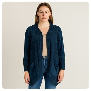 L LOGO by Lori Goldstein Blue Knit Cardigan with Faux Suede Sleeve Detail | M